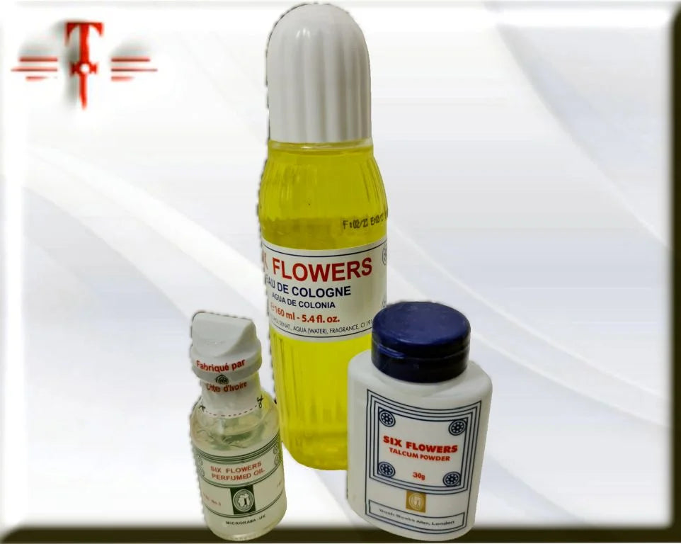 Pack six Flowers perfumed oil, colonia + talco