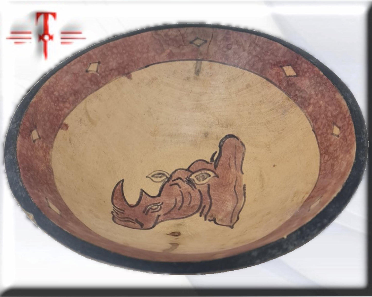 Cuenco de madera con diseño Rinoceronte Arte africano , Galería de Arte , antigüedad , Artesanía africana