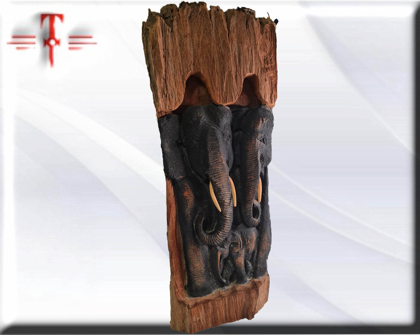 Antigua Talla de madera con Familia de elefantes