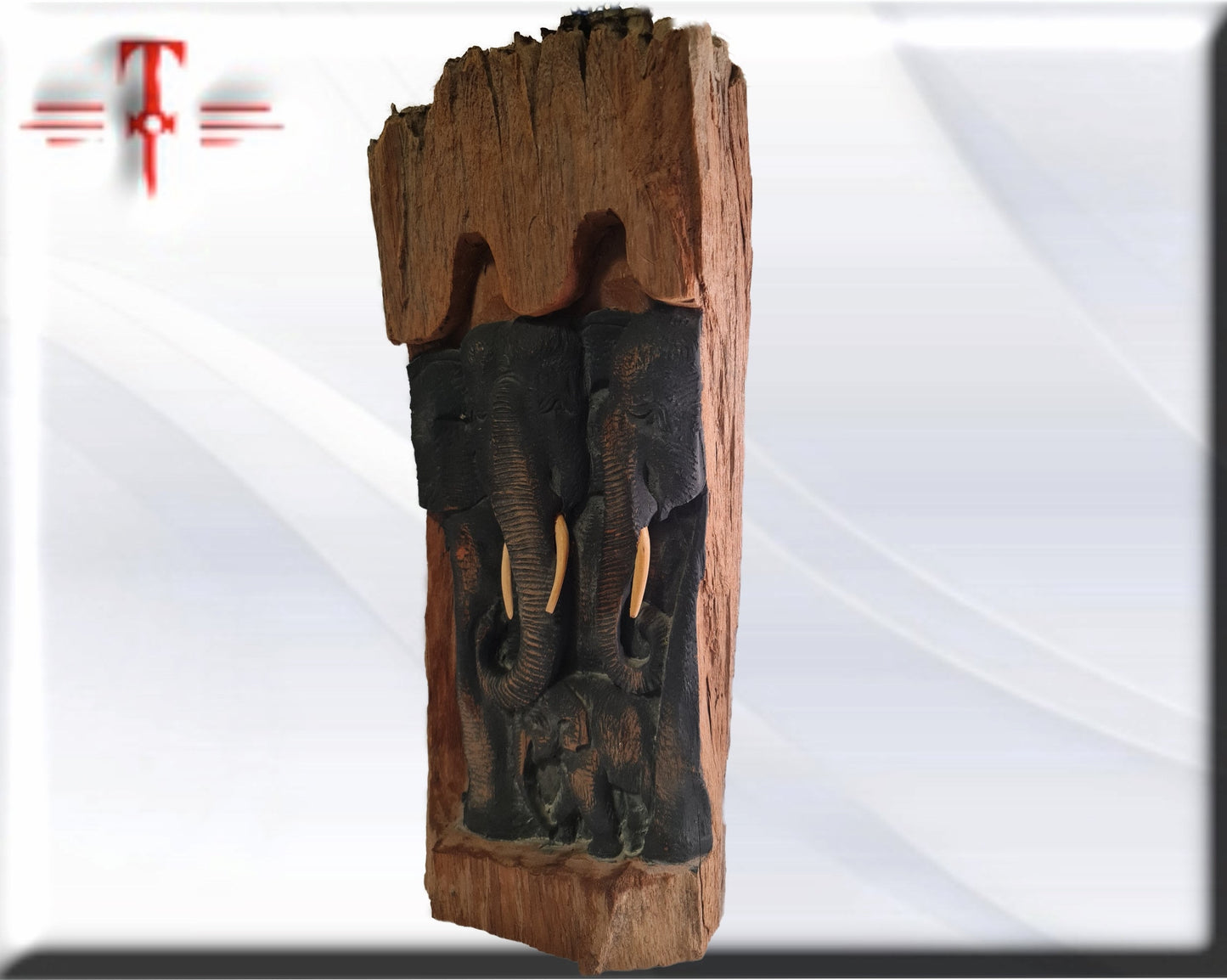 Antigua Talla de madera con Familia de elefantes