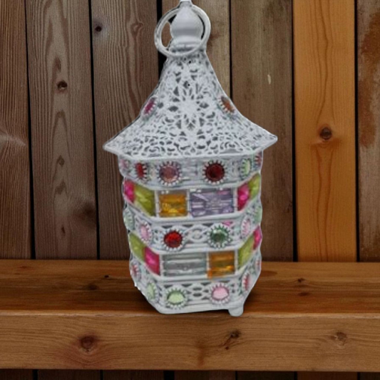 Porta velas metal y cristal blanco