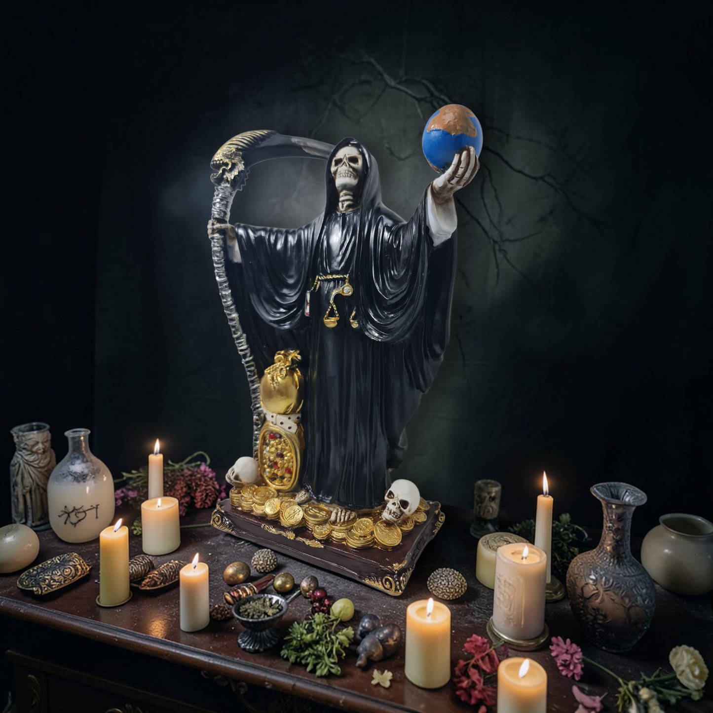 Estatua Santa Muerte con bola , Santísima Muerte , deidades , mitología