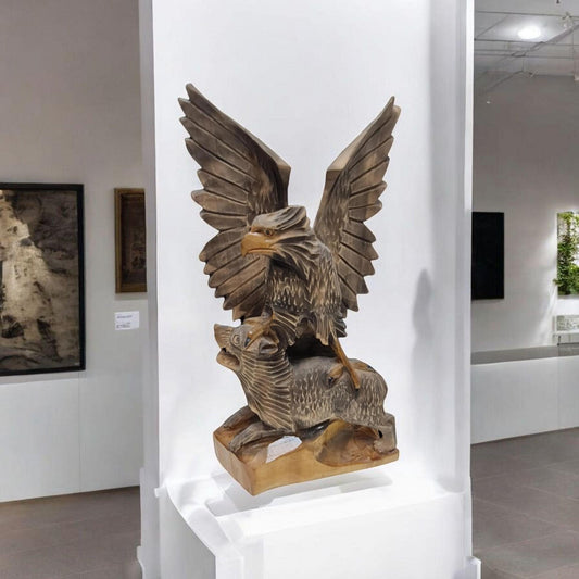 Aguila cazando a lobo, tallado a mano