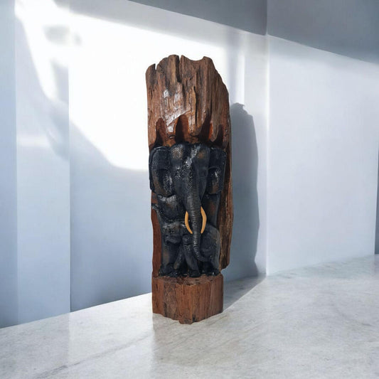 Escultura Talla en madera Familia de elefantes