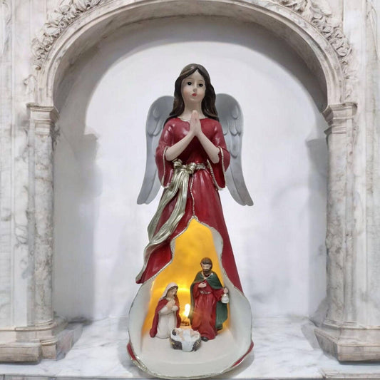 Angel statue with Holy Family , Catholic virgins and saints
