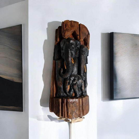 Escultura Talla en madera Familia de elefantes