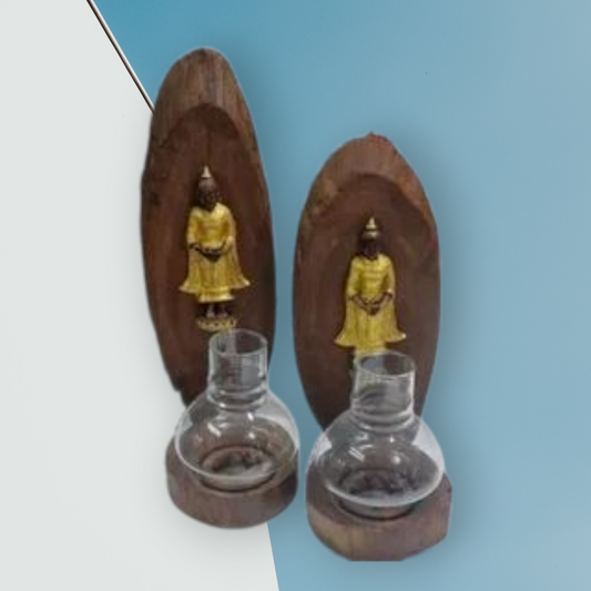 porta velas de madera Buda