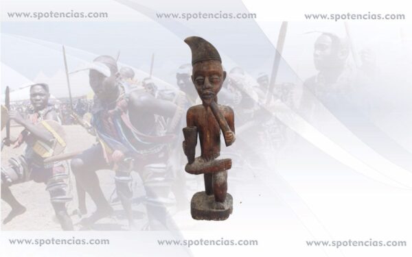 Fetiche Kuyu ref:468 Congo Peso : 1000gr   tamaño aprox 50*16*13cm Son figuras humanas talladas en diversos tipos de madera representan a personajes de importancia para la vida de la comunidad: curanderos, guerreros, antepasados, la mujer… El artista pone de relieve el papel que dichos personajes tienen para la sociedad y carga las figuras de gran simbología. Por medio de estas estatuas, los familiares difuntos continúan estando presentes en la vida cotidiana de la familia a la que protegen. A estas estatuas se les atribuye una fuerza especial, al ser consideradas moradas de los espíritus. También un poder mágico, otorgado, por las sustancias vegetales, animales o minerales introducidas en oquedades de la figura y principalmente en el vientre, fuente y sede de la fuerza vital Y por los encantamientos realizados por el adivino, sacerdote o hechicero. Su uso, tanto del término como del objeto, le ha ido confiriendo una amplia gama de poderes que van desde el de simple amuleto o talismán hasta poderes exclusivamente divinos. El fetiche encarna una mezcla de magia, superstición y religiosidad. Muchas poblaciones nativas del África del oeste le llaman juju. La variedad de fetiches en África es grande, como numerosas son las etnias. Normalmente representados por figuras antropomorfas y, aunque menos numerosas, zoomorfas. En África está arraigada la creencia que relaciona las enfermedades con actos de brujería. Encontrar un remedio que los contrarreste es imprescindible para atenuar o evitar sus daños. El doctor tradicional se vale de los conocimientos en medicina para dotar al "nkisi" del poder necesario introduciendo "la carga mágica" en el interior. Algunas de estas figuras, de aspecto terrorífico, están atravesadas por clavos, cuchillas o trozos de hierro y otras, Y adornadas de cuernos, conchas, pieles, amuletos desprenden un halo de misterio. Estas figuras se utilizan para obtener la protección personal, de la familia y de los pueblos, alejar a los malos espíritus del poblado, Asi mismo atraer la lluvia, alejar las enfermedades, lograr la curación o como remedio terapéutico, entre otras muchas finalidades.