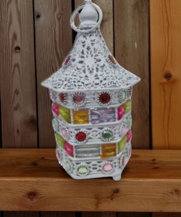 Porta velas metal y cristal blanco