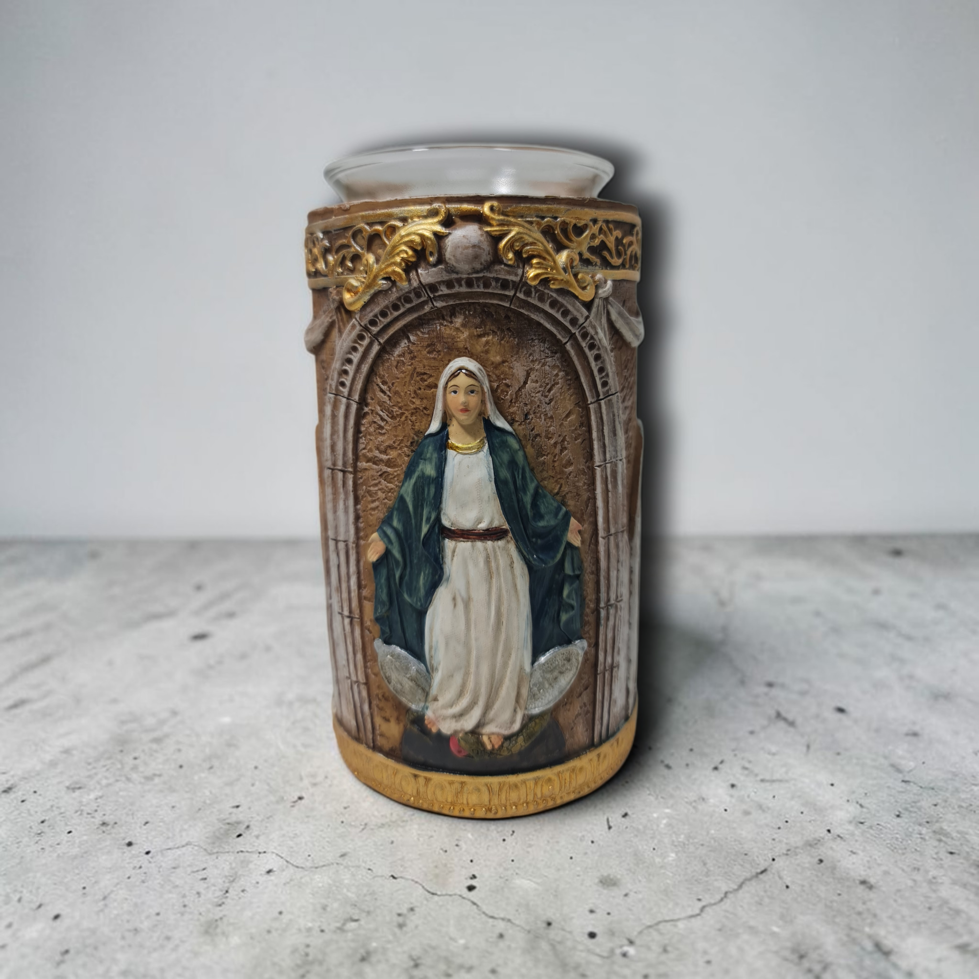 Estatua Portavelas de la Virgen Milagrosa en Resina – Para Velas de Té