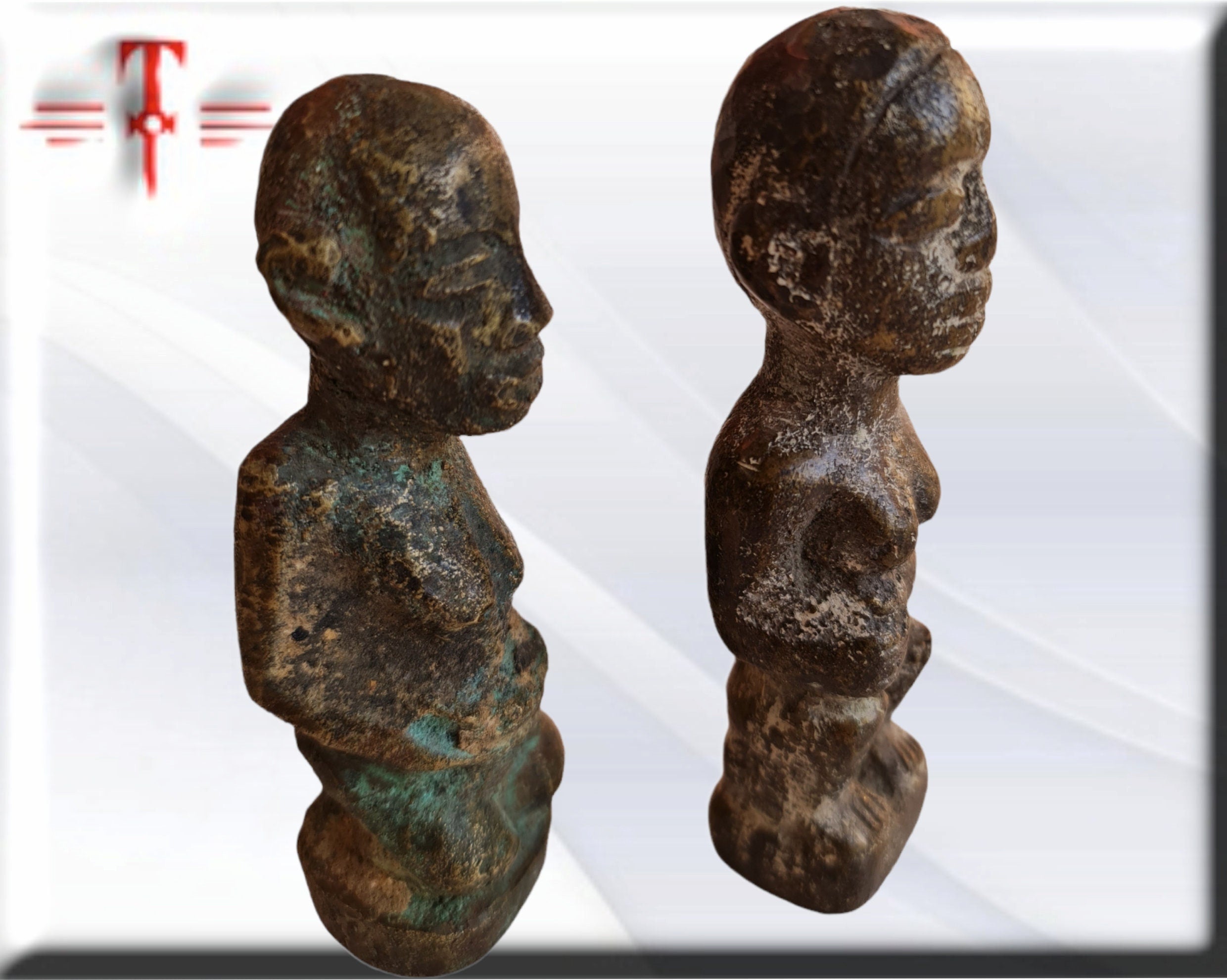Antigua Parejas estatuilla de bronce de Benín Arte Africano , galería de arte - Imagen 2