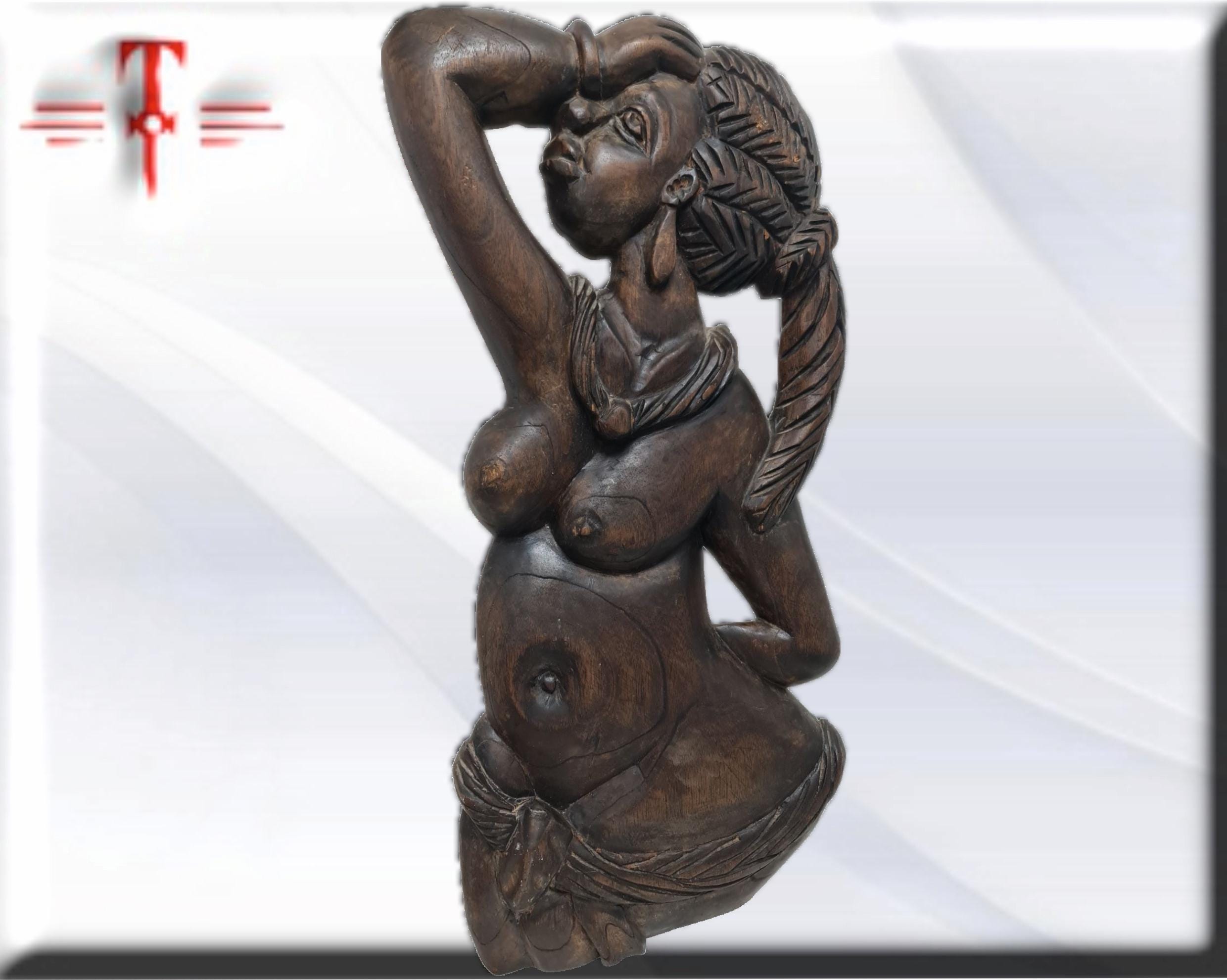 Escultura Art Déco Mujer Africana – Exclusiva Pieza Vintage Hecha a Mano (64x30 cm) - Imagen 3