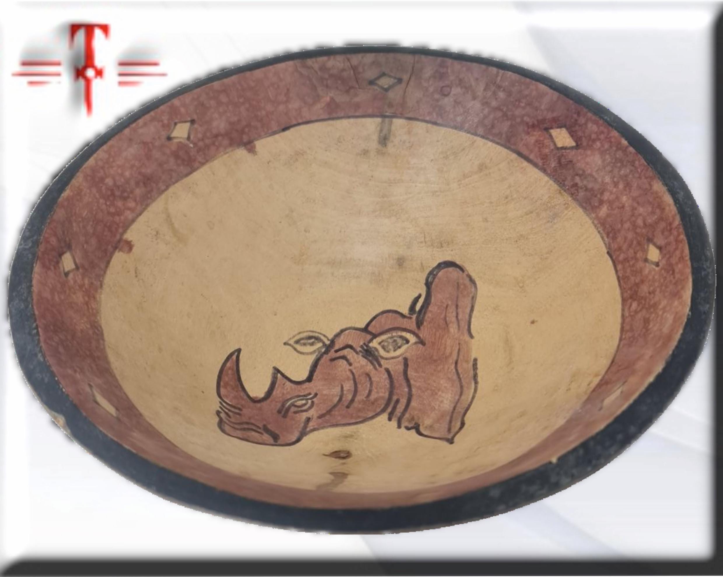 Cuenco de madera con diseño Rinoceronte Arte africano , Galería de Arte , antigüedad , Artesanía africana - Imagen 5