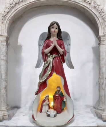 Estatua de ángel con Sagrada Familia, luz LED, santos y vírgenes católicos, productos religiosos