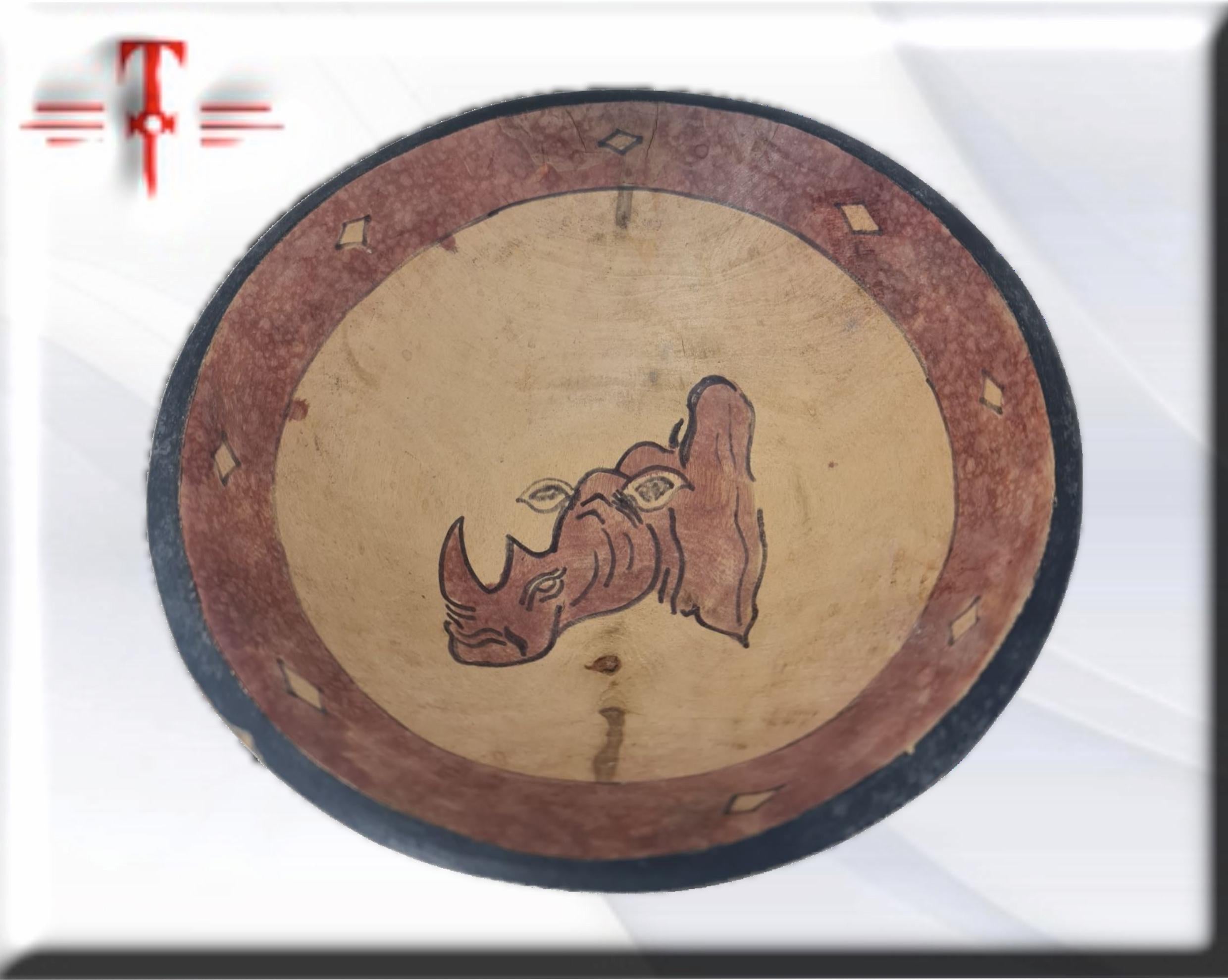 Cuenco de madera con diseño Rinoceronte Arte africano , Galería de Arte , antigüedad , Artesanía africana - Imagen 2