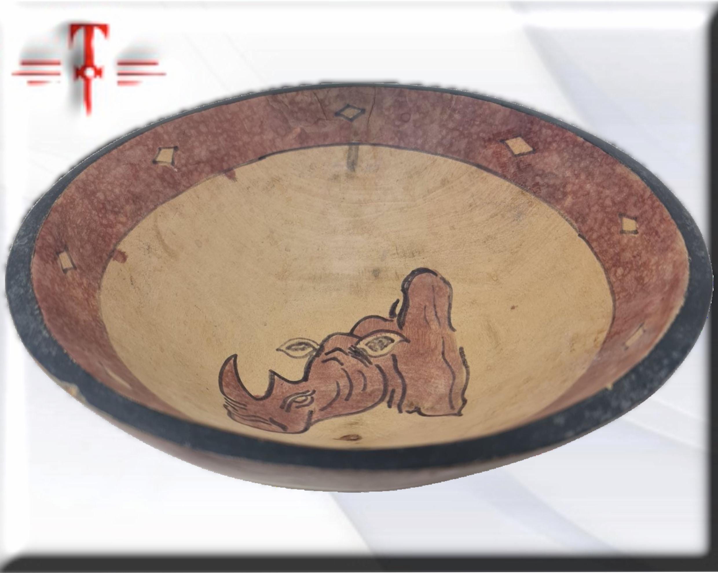 Cuenco de madera con diseño Rinoceronte Arte africano , Galería de Arte , antigüedad , Artesanía africana - Imagen 3