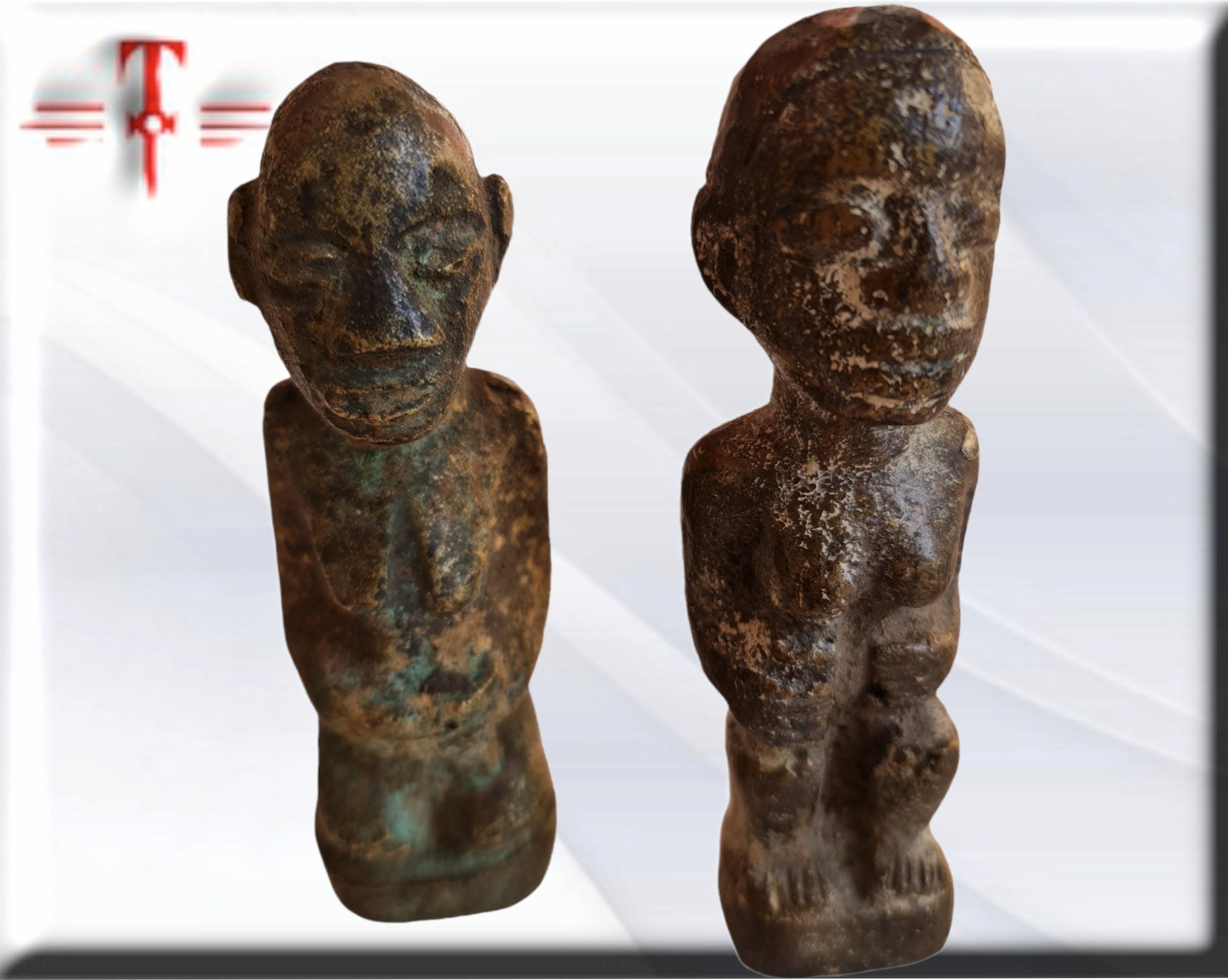 Antigua Parejas estatuilla de bronce de Benín Arte Africano , galería de arte - Imagen 3