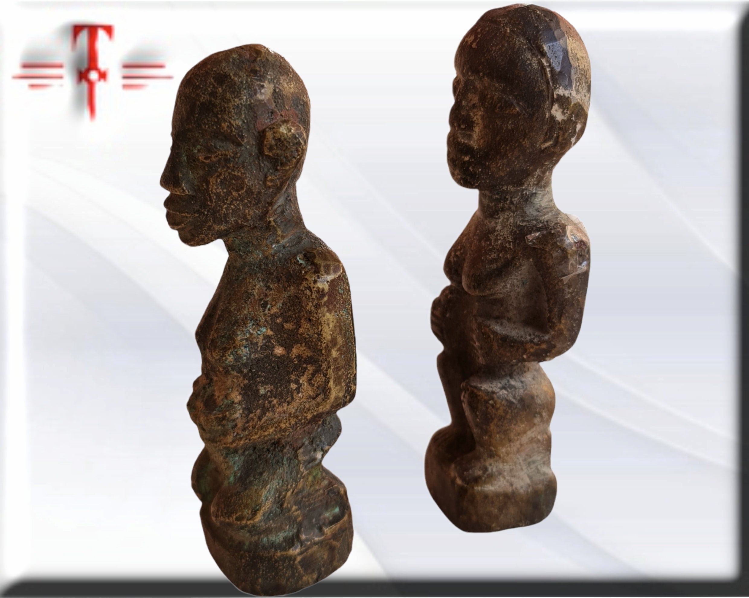 Antigua Parejas estatuilla de bronce de Benín Arte Africano , galería de arte - Imagen 4