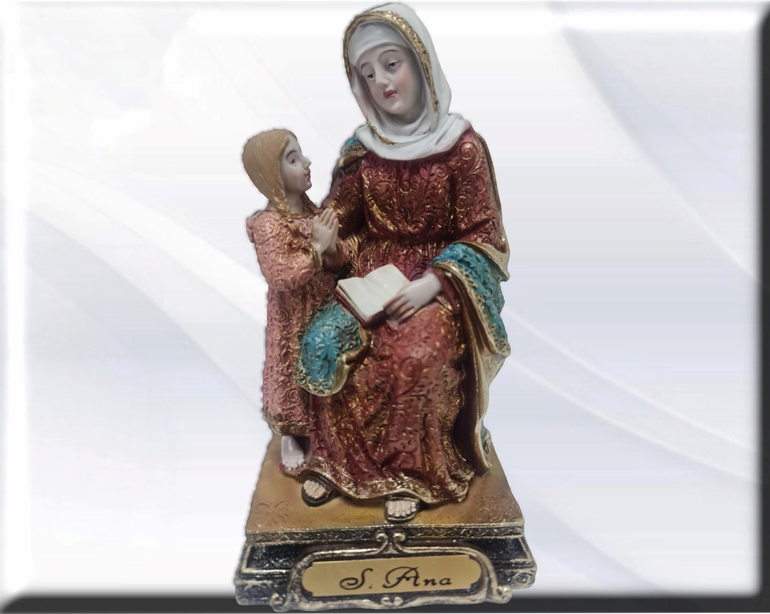 Figura Religiosa de Santa Ana Sentada en Resina Fina - Imagen 2